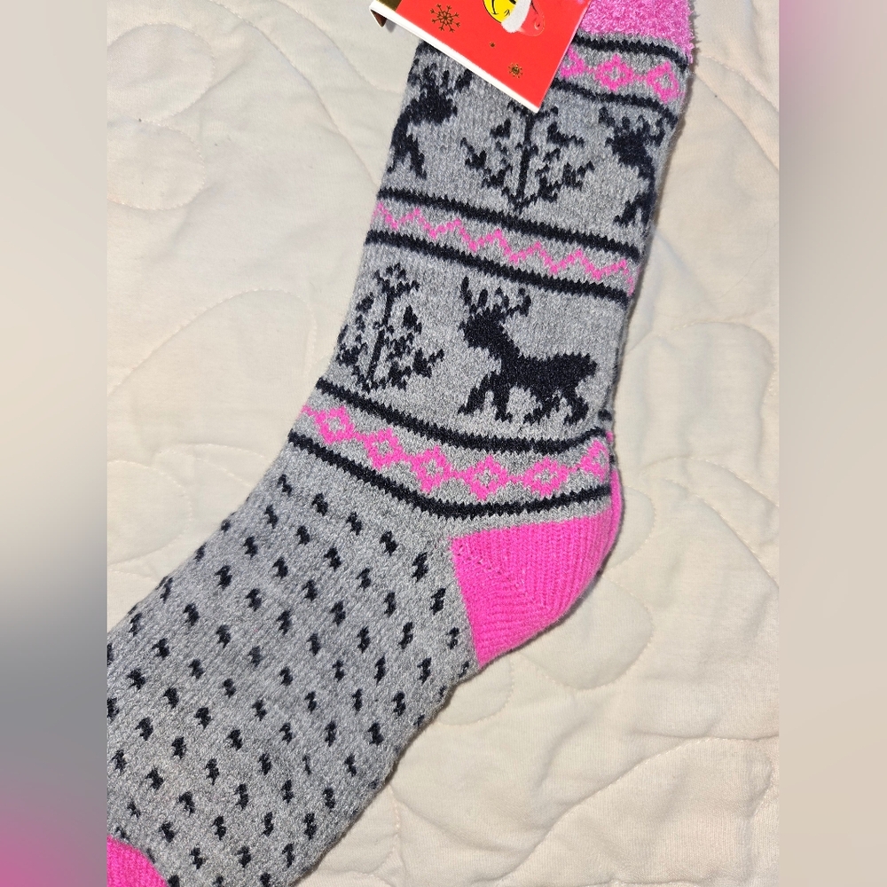 NWT Women's Joe Boxer Winter Lined Knitted Slipper Socks, Pink/Gray, Shoe 4-10